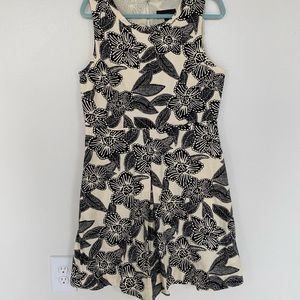 J. Crew dress, size 12, black and cream patterned mini dress with back cut out.